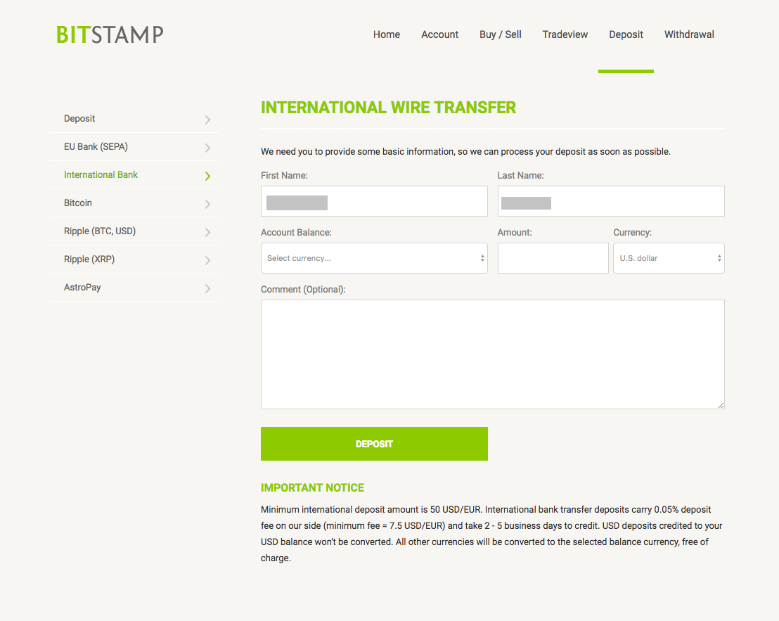 Bitstamp International Wire Transfer