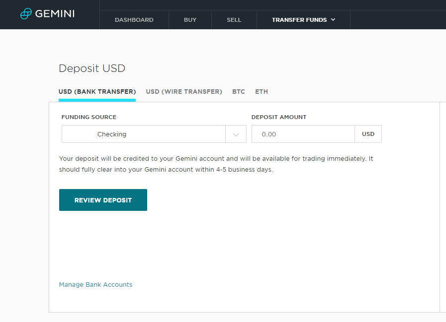 Gemini Deposit USD (bank transfer)